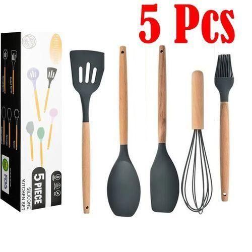 product_image_name-Generic-set d'ustensiles de cuisine en silicone et bois, Antiadhésif, 5 Pieces-1