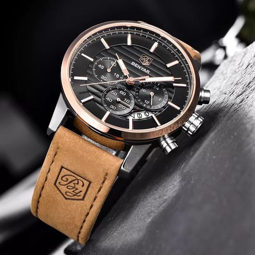 product_image_name-Benyar-BENYAR BY-5104D – montre chronographe de luxe en cuir – Noir & Doré-5