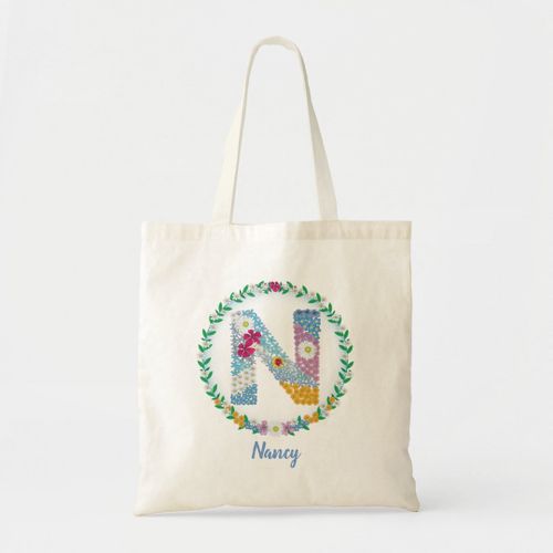 product_image_name-Generic-Tote bag initial flowers "n" with personal name Unique, haute qualité-2