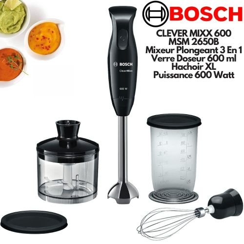 CLEVER MIXX 600 Mixeur plongeant En INOX 3 en 1 Verre Doseur 600 ml+Hachoir  XL+Batteur