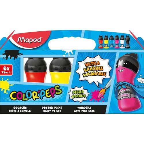 Maped Peinture Gouache Enfant - Lavable et Couvrante - 6 Bouteilles  Ergonomiques Design Super Héros - Prête à l'emploi et Facile à Ouvrir -  Bouchon à Clapet - Couleurs Primaires - 75