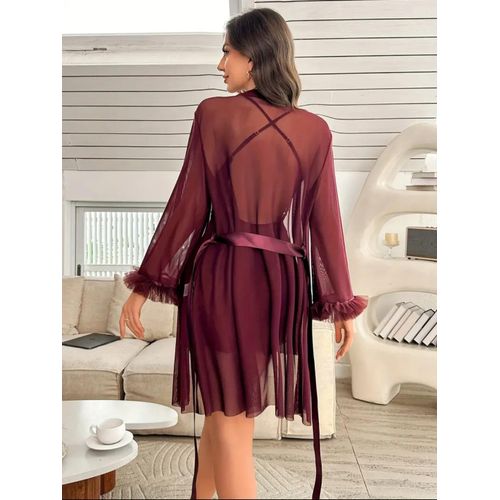 product_image_name-Generic-طقم من قطعتين: قميص نوم من الدانتيل بخصر مشدود بأسلوب العظم والرداء الشبكي بأكمام واسعة-2