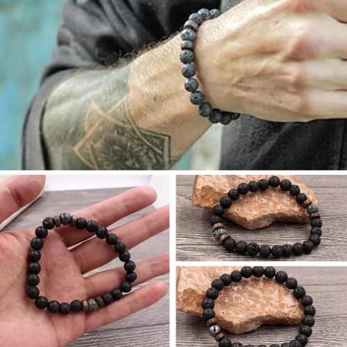 Bracelet Cuir Noir avec Perles de Pierres Naturelles pour Homme