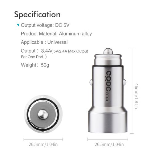 Crdc Double Chargeur de Voiture USB de 3.4A en Metal rapide universel pour iphone samsung xiaomi 