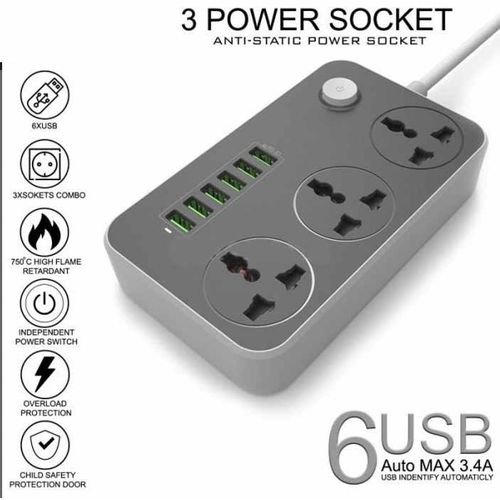 Multiprise murale 6 en 1 - 3 prises + 3 ports de charge USB