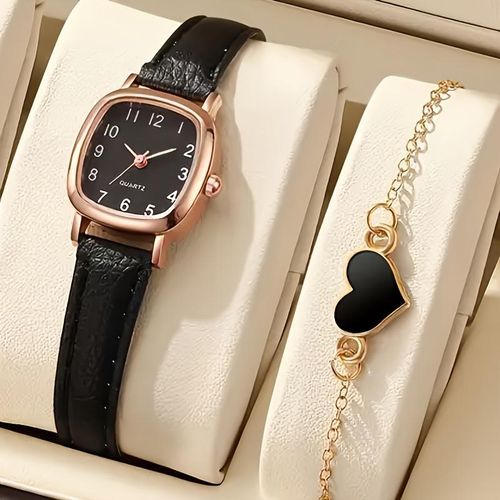 product_image_name-Generic-Coffret Cadeau Femme - Montre Quartz Élégante à Cadran Rectangulaire & Bracelet Assorti - Noir -1
