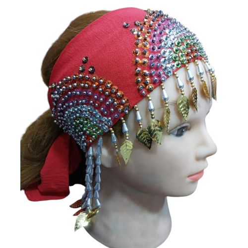 product_image_name-Generic-Serre-tête ornemental Rouge traditionnel pour femme, orné à la main de motifs brillants et décoré de pierres scintillantes et de pendentifs dorés et argentés-1