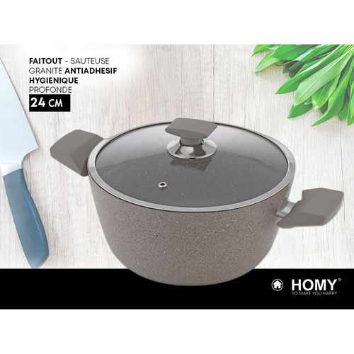 Homy PACK 2 FAITOUTS Marmite Sauteuse Batterie en Granit 24/28cm  Haute/Basse + Couvercle en Verre Trempé à prix pas cher