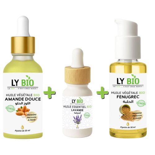 product_image_name-LY BIO-PACK HUILE AMANDE DOUCE 50ML - PIPETTE + HUILE ESSENTIEL LAVANDE 10ML + HUILE FENUGREC 50ML - POMPE-1