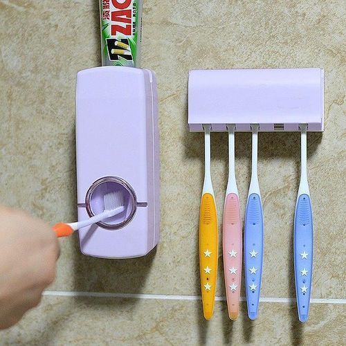 product_image_name-Generic-موزع معجون أسنان أوتوماتيكي + 5 حامل حامل فرشاة أسنان طقم حامل حائطي على الحائط أبيض-4