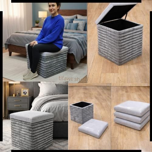 product_image_name-Generic-Pouf de Rangement Pliable Carré en Tissu Gris – Tabouret Coffre Multifonction pour Chambre et Salon-1