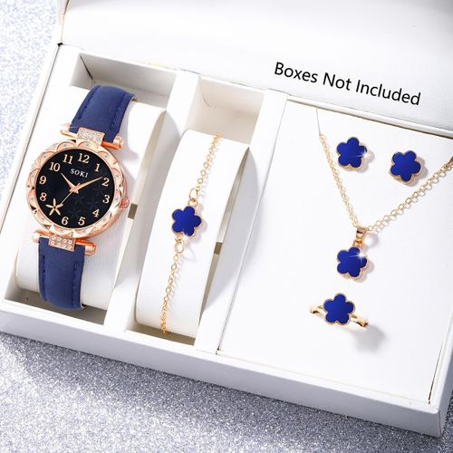 product_image_name-Generic-طقم ساعة كوارتز زرقاء مع إكسسوارات زهرة خمس بتلات – عقد، أقراط، خاتم وسوار-1