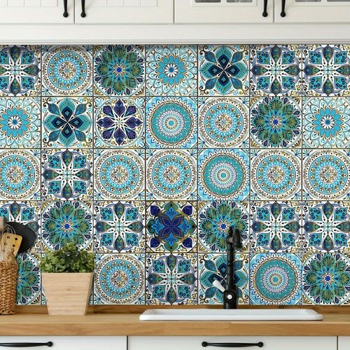 product_image_name-Generic-30pcs Autocollants Muraux Vinyle Auto-adhésifs Bohémiens - 10.16x10.16 cm Motif Géométrique Rétro à Coller et Décoller, Étanches pour Cuisine Salle de Bain Chambre, Installation Facile Sans Outils Nécessaires, Autocollants Décoratifs Murales   Art Mural-2