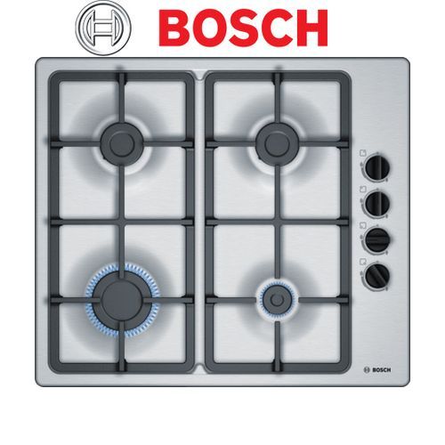 Bosch Table de cuisson plaque à gaz encastrable 60cm inox 4 Feux avec  bandeau latéral grilles en fonte à prix pas cher