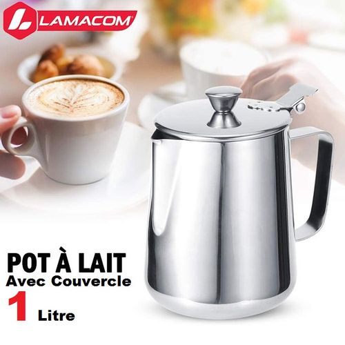 Lamacom Pot à lait 1 Litre INOX avec couvercle, Pichet à Lait pour