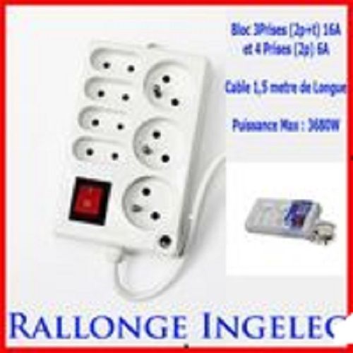 Ingelec Rallonge Multiprises Bloc 7prises 3x(2P+T) 16A et 4x2p 6A  1.5M+interrupt à prix pas cher