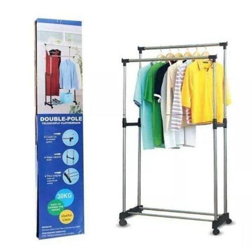 product_image_name-Generic-Porte-Vêtements Double Barre Télescopique – Support Inox Réglable avec Roulettes – Jusqu’à 30KG – Séchoir / Dressing Rack-1