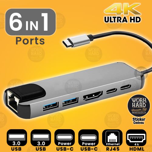 Adaptateur USB C pour MacBook, 6 en 1 USB Type-C vers HDMI 4K Multiport Hub