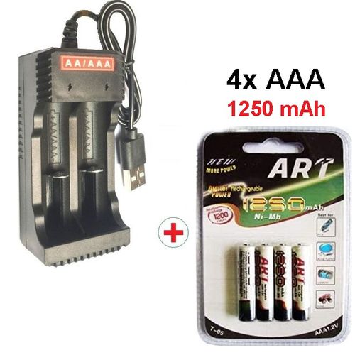 4 Piles Rechargeable AAA 1250 mAh Nimh + Chargeur Usb Batterie 2x