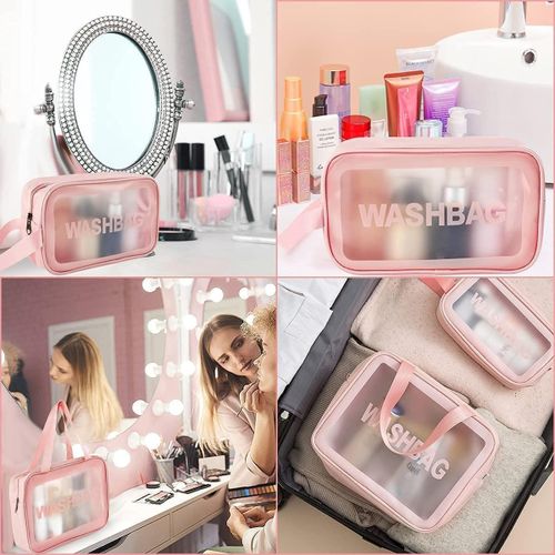 product_image_name-Generic-Pack 3Pcs Sac de Maquillage Large avec 2 Trousse Washbag Transparent pour Femme, Couleur rose.-3