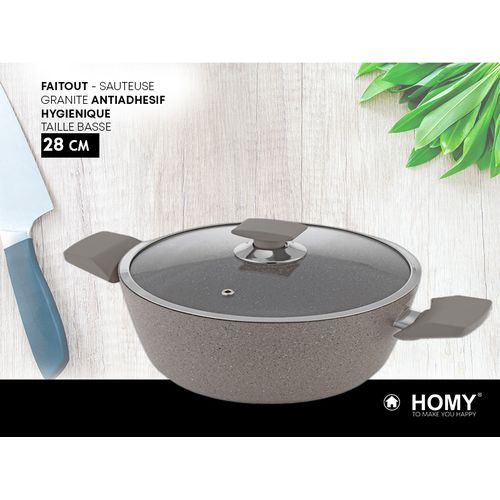 Homy Marmite Sauteuse en Granit 28cm Basse Antiadhésive +Couvercle en Verre  Trempé à prix pas cher