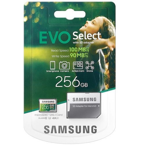 Samsung Evo Select Carte Mémoire 256Gb +Adapter SD, 100 Mo/s C10 U3 4K  MicroSDXC UHS-I à prix pas cher