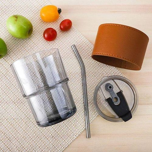 product_image_name-Generic-كوب زجاجي مع غلاف حماية من الجلد، زجاج مع قشّة وغطاء-3