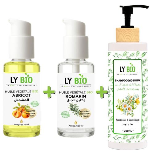 product_image_name-LY BIO-PACK HUILE ABRICOT 50ML - POMPE + HUILE ROMARIN 50ml - POMPE + SHAMPOOING AUX EXTRAITS DE PLANTES 200ML-1