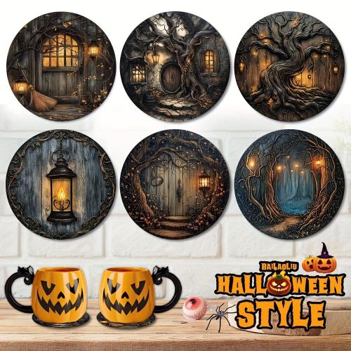 product_image_name-Generic-مجموعة من 6 قواعد أكواب خشبية بتصميم قديم لغابة خيالية وفوانيس غامضة، مقاومة للحرارة وغير قابلة للانزلاق – مثالية للديكور الداخلي وزخارف الهالوين-1