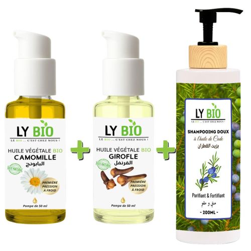 product_image_name-LY BIO-PACK HUILE CAMOMILLE 50ML - POMPE + HUILE GIROFLE 50ML - POMPE + SHAMPOOING A L'HUILE DE CADE 200ML-1