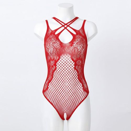 product_image_name-Generic-بودي شبكي أحمر مثير للنساء - لانجري دانتيل شفاف بحمالات متقاطعة - ملابس داخلية-1
