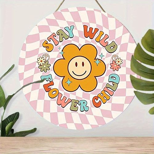 product_image_name-Generic-1pc Keep It Wild Flower Children Round Wall Art : Panneau décoratif vintage et plaque, panneau en bois à suspendre, décoration intérieure, convient à toutes les décorations de saison, vacances, Noël-2