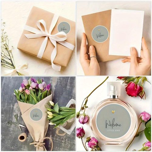 product_image_name-Generic-60pcs Autocollants Ronds "Bienvenue PETIT UN" avec Cœur Doré sur Fond Gris – Idéal pour Cartes, Boîtes Cadeaux et Enveloppes : Parfaits pour Accueillir un Nouveau Venu !-6