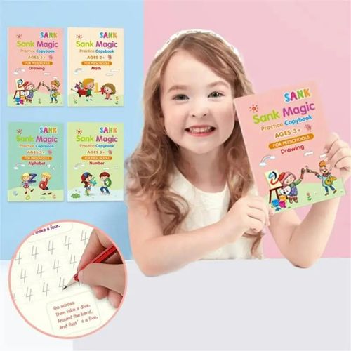 Generic 4 Cahiers d'enfants exercices et apprentissage Magique Réutilisable  + Stylo avec Recharge ( 4 Livres )