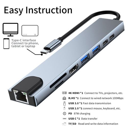 Generic Adaptateur Hub USB C 6 En 1 avec Ethernet Multi-Port Type C Adapter  with 4K HDMI à prix pas cher