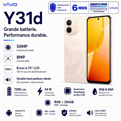 vivo Y31d – OR –  Smartphone – 8 Go RAM / 256 Go Stockage – Processeur Snapdragon 6s Gen 2 4G – Caméra 50