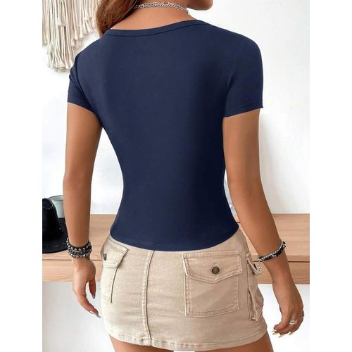 product_image_name-Boho- T-shirt femme bleu marine, casual et simple, à grand col rond avec capuche et manches courtes.-2