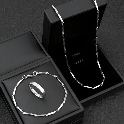 product_image_name-Generic-طقم من 3 قطع: سلسلة قلادة أنيقة + خاتم + سوار من الفولاذ المقاوم للصدأ 316 فضي للرجال-1