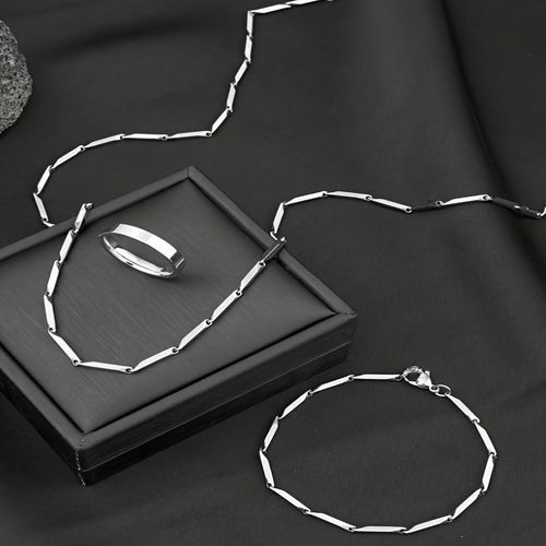 product_image_name-Generic-طقم من 3 قطع: سلسلة قلادة أنيقة + خاتم + سوار من الفولاذ المقاوم للصدأ 316 فضي للرجال-3