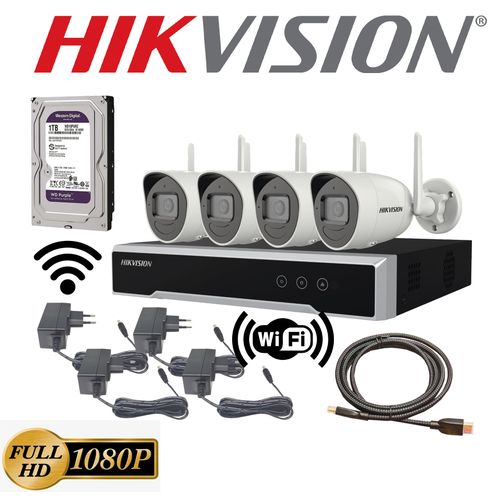 Hikvision Pack de Cameras de surveillance WiFi Sans Fil NVR 1080P + 4  Camera Etanche + 1TB WD NK42W0H-1T(WD) à prix pas cher