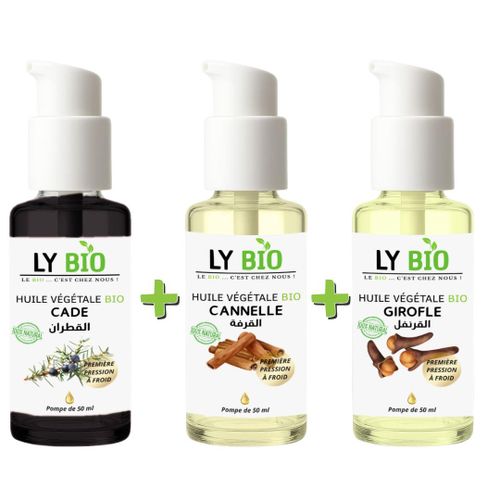 product_image_name-LY BIO-PACK HUILE CADE 50ML - POMPE + HUILE CANNELLE 50ML - POMPE + HUILE GIROFLE 50ML - POMPE-1