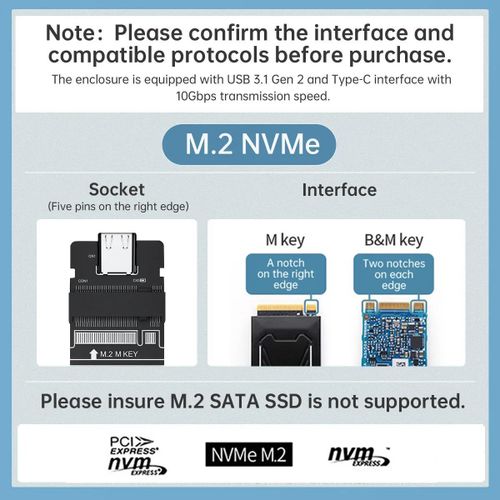 product_image_name-Orico-Boîtier SSD M.2 NVMe 10Gbps USB Adaptateur Externe USB3.2/ USB3.1 Gen2 USB-C Boîtier Disque Dur pour M.2 PCIe NVME M-Key 2230/2242/2260/2280 SSD, avec UASP - M2PV-C3 - Compatible Windows Mac Android-7