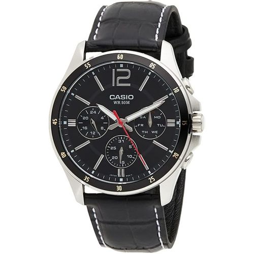 Casio Pour homme Cadran noir MTP 1374L 1A Bracelet cuir noir