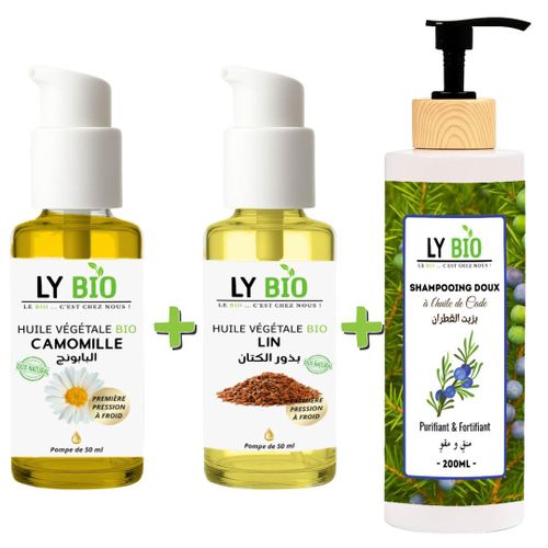 product_image_name-LY BIO-PACK HUILE CAMOMILLE 50ML - POMPE + HUILE LIN 50ML - POMPE + SHAMPOOING A L'HUILE DE CADE 200ML-1