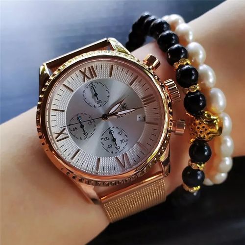 Benyar montre chronographe de luxe pour femmes acier inoxydable