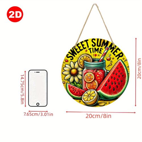 product_image_name-Generic-1pièce "Sweet Summertime" 2D Rond Bois Décoratif Suspendu Signe, 20.32x20.32 cm, Design Vintage Vivant avec Concombre, Citron, Fraise, Fruits & Motifs Floraux, Sans Cadre, Pas Besoin d'Électricité, Léger & Sans Plumes, Idéal pour la Décoration Intérieure-1
