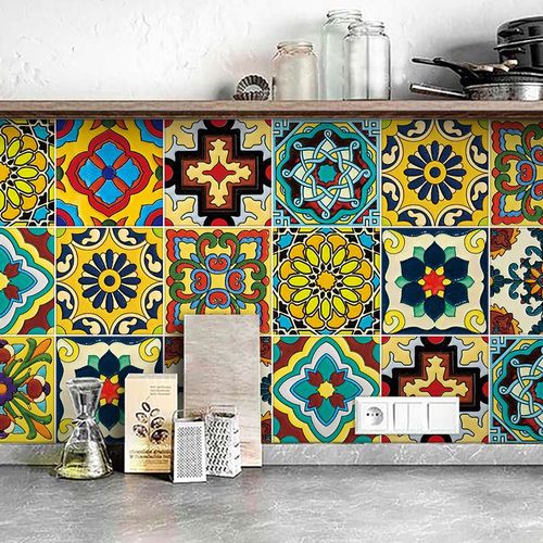 product_image_name-Generic-30pcs Autocollants Muraux Auto-adhésifs En Carreaux Bohémiens, Pelables Et Collables, Étanches Pour Salon, Cuisine, Chambre À Coucher, Escaliers, Décoration Murale À Domicile, 10,16x10,16 Cm-3