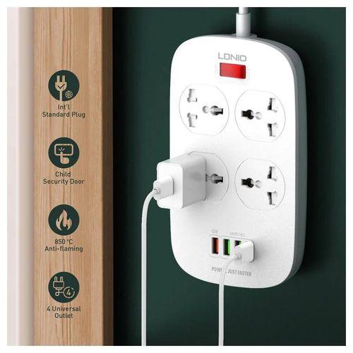 Rallonge, Multiprise 4 prises et 4 USB, 1 Porte Fast charge 18W, 2 Metres