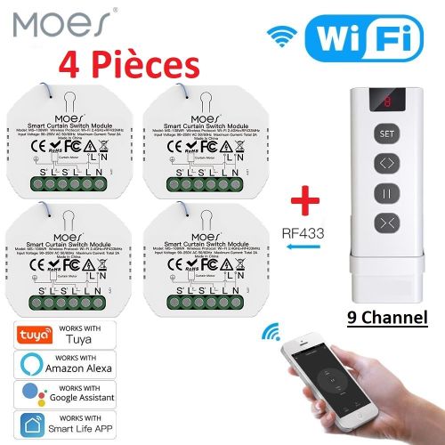 Moes 4 Interrupteur WiFi et Telecommande RF433 pour rideaux, volet  roulant,Tuya,Google Home, Alexa Voice à prix pas cher