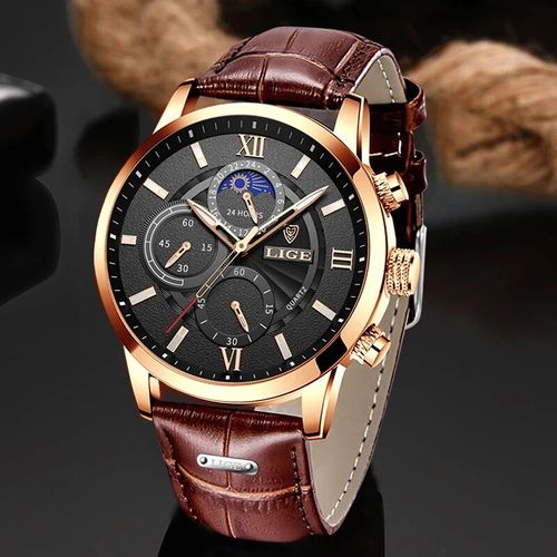 Lige Montres Top Marque Cuir Chronographe Automatique Date Montre